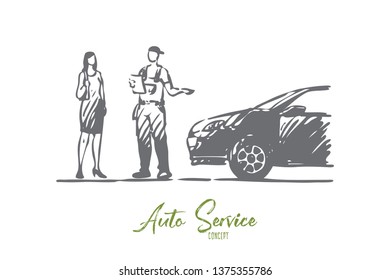 Ordering, delivery, car, service, man concept. Hand drawn man from delivery service and female customer concept sketch. Isolated vector illustration.