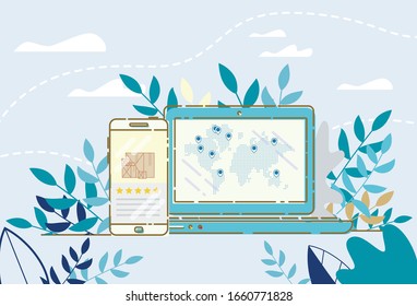 Ordering Delivery High Rating App and Tracking Best Professional Online Service on Laptop Connection. Smartphone Application and Computer Logistics System Synchronization. Worldwide Shipping