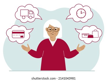 Ordering and delivery process concepts. Happy grandmother and steps of a delivery order. Payment, delivery car, waiting hours and goods and purchases. Vector flat illustration