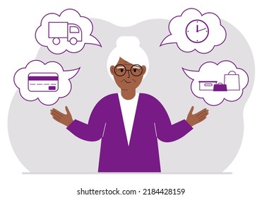 Ordering and delivery process concepts. Happy grandmother and steps of a delivery order. Payment, delivery car, waiting hours and goods and purchases. Vector flat illustration