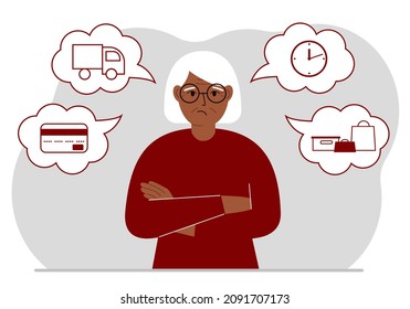 Ordering and delivery process concepts. Sad grandmother and steps of a delivery order. Payment, delivery car, waiting hours and goods and purchases. Vector flat illustration
