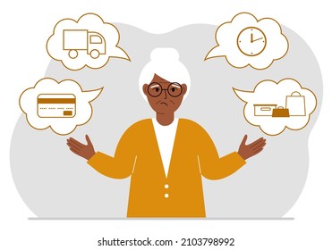 Ordering and delivery process concepts. Sad grandmother and steps of a delivery order. Payment, delivery car, waiting hours and goods and purchases. Vector flat illustration