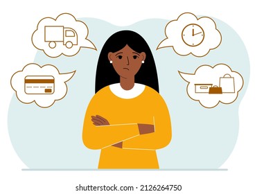 Ordering and delivery process concepts. Sad woman and steps of a delivery order. Payment, delivery car, waiting hours and goods and purchases. Vector flat illustration