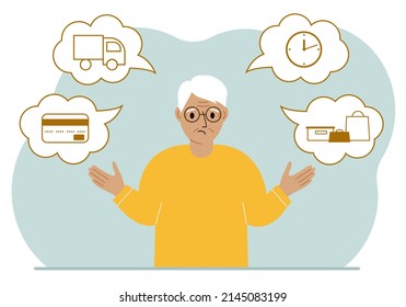 Ordering and delivery process concepts. Sad grandfather and steps of a delivery order. Payment, delivery car, waiting hours and goods and purchases. Vector flat illustration