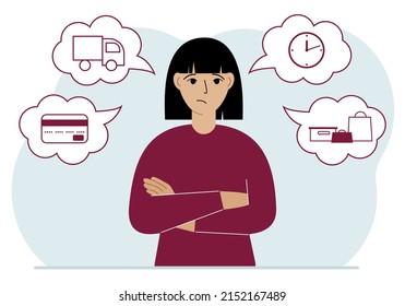 Ordering and delivery process concepts. Sad woman and steps of a delivery order. Payment, delivery car, waiting hours and goods and purchases.