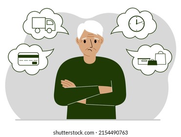 Ordering and delivery process concepts. Sad grandfather and steps of a delivery order. Payment, delivery car, waiting hours and goods and purchases. Vector flat illustration