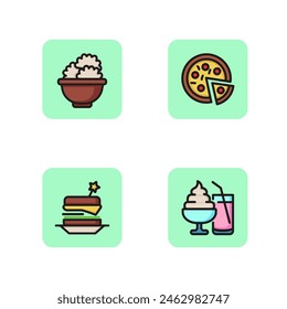 Ordering dishes line icon set. Dumplings, pizza, hamburger and ice cream with juice. Fast food concept. Vector illustration for web design