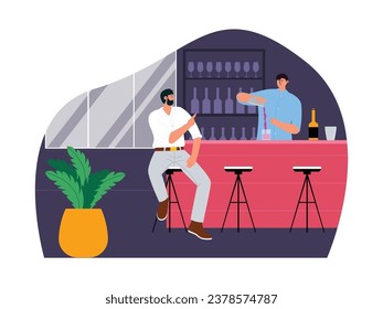 Ordering drinks to the bartender at the bar, spending time in the evening, nightlife vector illustration.