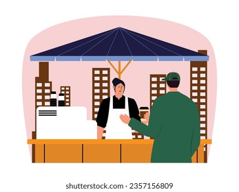 Ordering drinks at a city street side coffee shop, with more affordable prices, vector illustration.
