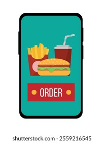 Ordering Fast Food on Smartphone Flat Style. Food and drinks concept vector art