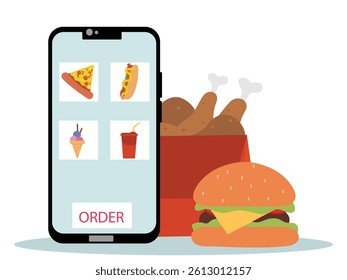 Ordering fast food online with smartphone. vector illustration