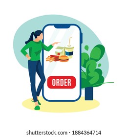 Ordering fast food online via smartphone. Young woman using delivery service mobile app. Tiny woman standing online next big smartphone flat vector illustration