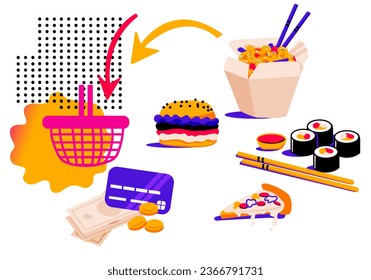 Ordering fast food, paying for purchase with credit card on the website. Сhoice products online. Doodles. Sushi rolls with chopsticks and soy sauce. Noodles wok, burger and pizza. Abstract  elements.