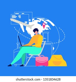 Ordering Flight Tickets Online Flat Vector Concept. Woman Traveling with Baggage, Using Laptop, Booking Airline Tickets Online, Planning Journey Route with Web Service Illustration on Blue Background