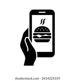 Ordering food for delivery from takeaway or restaurant. Mobile app. Burger icon. Fast food. Vector icon isolated on white background.