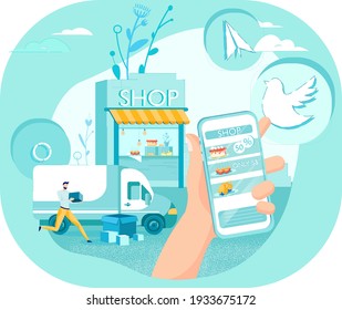 Ordering Food in Grocery Store Online. Human Hand with Smartphone. Page with Items, Prices and Special Offers. Shop Building, Van, Courier Running with Boxes, and Social Media Icons in Background.