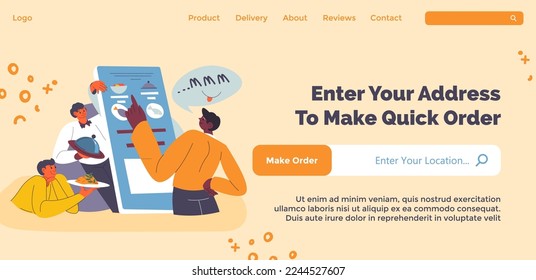Ordering food and meals in internet, enter your address to make quick orders. Man choosing among types of food for lunch or dinner. Website landing page template, online site. Vector in flat style