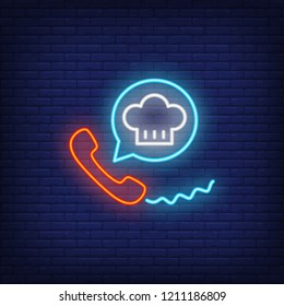 Ordering food neon sign. Luminous signboard with phone and speech bubble. Night bright advertisement. Vector illustration in neon style for booking cafe table, food delivery