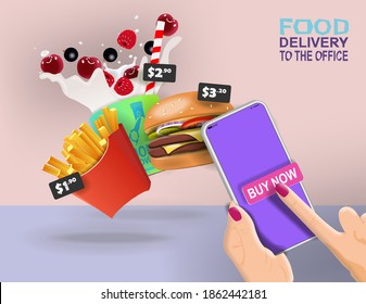 Ordering food to the office. Milkshake with wild berries French fries and cheeseburger. Vector banner