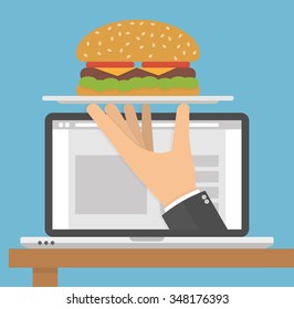 Ordering food online concept. Hand holding silver serving tray with a big hamburger  on it on a laptop display. Flat style