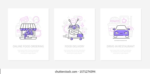 Ordering food online - line design style banners with copy space for text. Services for fast delivery of Italian pizza, wok, snacks, drive-in restaurant thin line illustrations with icons