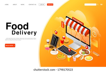 Pedir comida en línea en el escritorio de computadora. Concepto de entrega de alimentos en línea. Plantilla de página de inicio. EPS vectorial 10