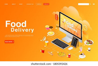 Ordering Food Online on Computer Desktop. Online Food Delivery Concept. Landing Page Template. Vector EPS 10
