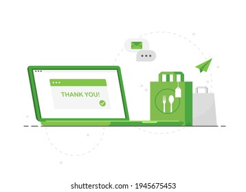 Ordering food online using a computer laptop. Contactless food delivery. Home delivery during quarantine. Thank you for your purchase. Green. Flat design. Eps 10