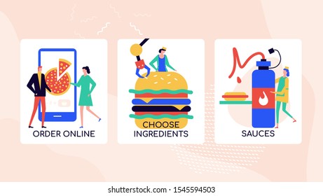 Ordering food online vector colorful banner template. Using mobile apps for buying lunch meals, choosing ingredients, sauces. Smart technologies, automated robotics in catering service posters set