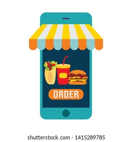 Ordering food online vector. Selecting a product with the smartphone, the payment of money for the purchase.