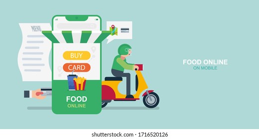 Ordering food online via smartphone, Food delivery, Internet payment, Flat design vector illustration.