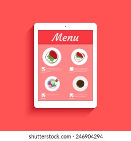 Ordering food in restaurant via mobile app displayed on tablet pc