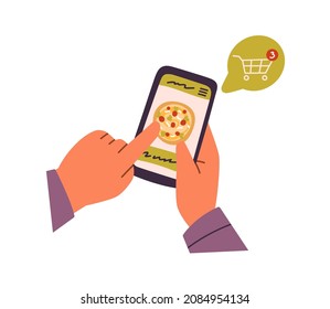 Pedir comida a través de internet con aplicación móvil. Manos con teléfono eligiendo pizza en aplicación de servicio de entrega, poniéndolo en una canasta en línea. Ilustración vectorial plana aislada en fondo blanco