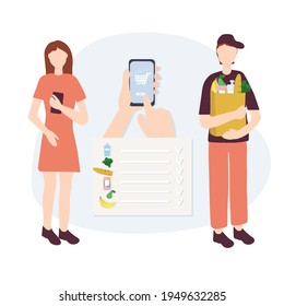 Ordering food through the online store. Selection of goods in the supermarket via the Internet. The concept of safe home delivery. Courier delivers groceries to home. Flat vector illustration