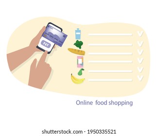 Ordering food through the online store. Payment by credit card. Choice of goods in the supermarket. Concept of safe home delivery. Flat vector illustration