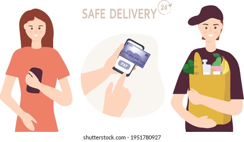 Bestellen Sie Lebensmittel im Online-Shop. Zahlung per Kreditkarte. Auswahl der Waren im Supermarkt. Sicheres Heimlieferkonzept. Flache Vektorgrafik.