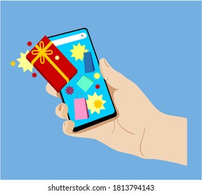 Pedidos de regalos para las vacaciones a través de Internet. Compras a través de Internet usando iphone. Pantalla de una laptop con un sitio de una tienda en línea. Cumpleaños, Navidad, Navidad. Vector de concepto en línea de compras