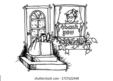 Ordering goods, buying online, transportation, home delivery.The window  see elderly woman with a poster of thanks in the goods delivery. Assistance during old people and during quarantine. Vector