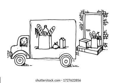Ordering goods, buying online, transportation, home delivery. The goods are transported from the store to the house to the door. Goods export and delivery business. Assistance during quarantine.Vector
