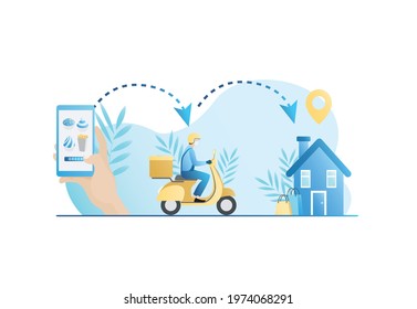 Ordering goods in online store in app, on website. Courier in medical mask, protective gloves on scooter delivers order, purchases home to specified address. Contactless delivery in pandemic.