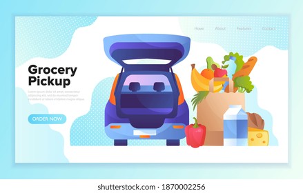 Ordering groceries online. Pick up point in food supermarket. Safe shopping. Flat cartoon vector illustration. Website, web page, landing page template