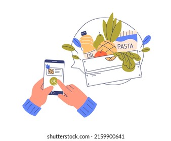 Ordering groceries online. Shopping with smartphone app, buying food with mobile phone, filling basket of delivery service, confirming purchase. Flat vector illustration isolated on white background