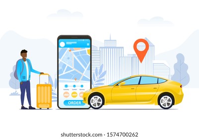 Ordenar o saludar un viaje en camión concepto en línea con un viajero parado con una maleta junto a un teléfono móvil con una aplicación y un pin localizado en el mapa sobre un camión amarillo, ilustración vectorial