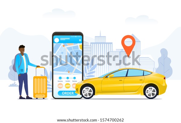 Ordering or\
hailing a ride by car online concept with a traveller standing with\
a suitcase alongside a mobile phone with app and map location pin\
over a yellow car, vector\
illustration