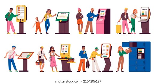 Ordering kiosks. People use public payment touchscreens, modern digital automatic services, tickets and food electronic orders and purchases, self-service atm, tidy vector cartoon flat set