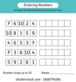 Ordering numbers worksheet. Arrange the numbers from greatest to least. Math. Number range up to 10. Vector illustration