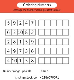 Ordering numbers worksheet. Arrange the numbers from greatest to least. Number range up to 10. Mathematics. Vector illustration