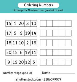 Ordering numbers worksheet. Arrange the numbers from greatest to least. Number range up to 20. Mathematics. Vector illustration