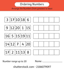 Ordering numbers worksheet. Arrange the numbers from greatest to least. Number range up to 20. Math. Vector illustration