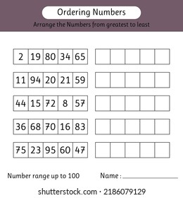 Ordering numbers worksheet. Arrange the numbers from greatest to least. Number range up to 100. Mathematics. Vector illustration